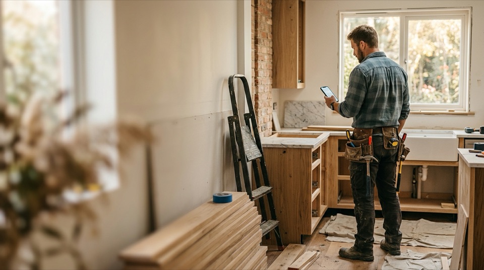 A contractor reviewing a bid request on his phone in a kitchen mid-remodel