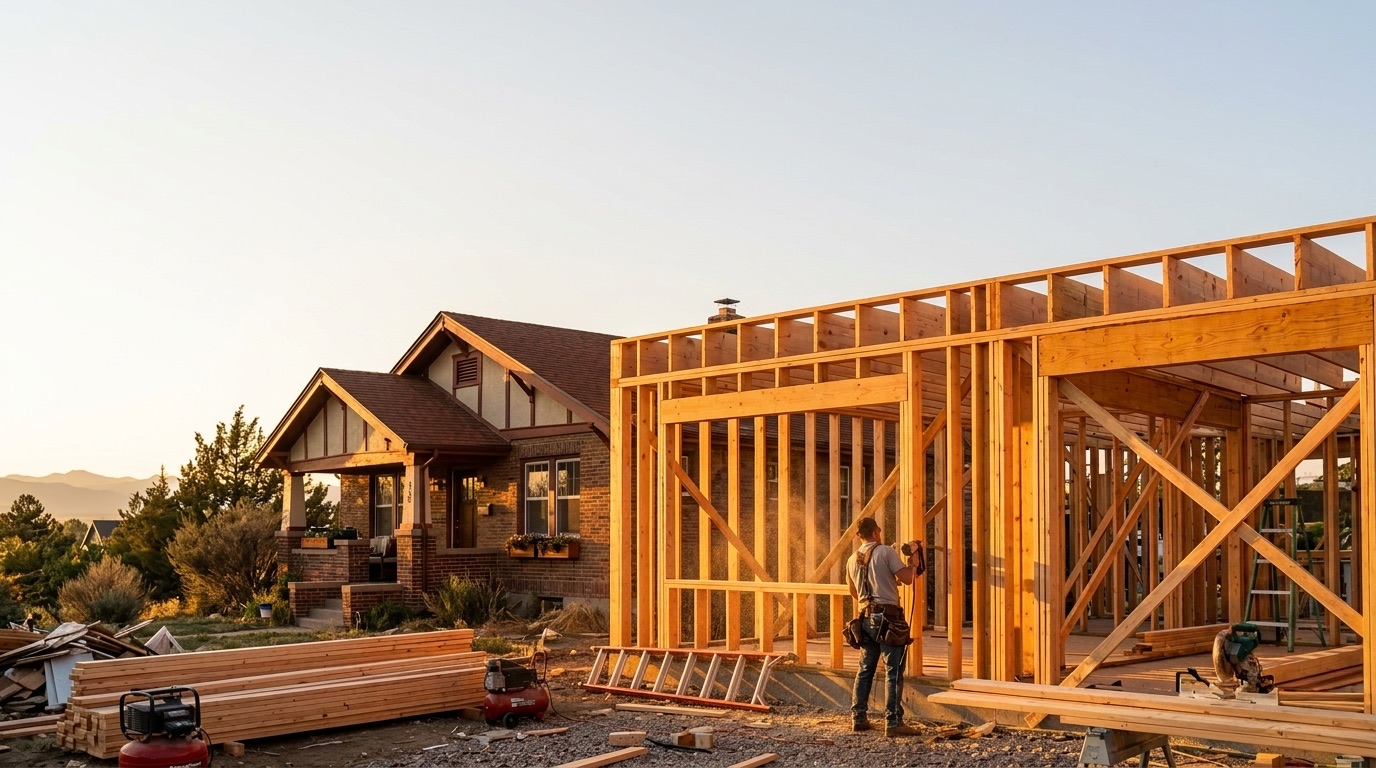 A home addition being framed at golden hour